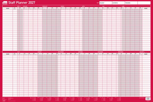 Sasco 2027 Staff Year Wall Planner with wet wipe pen & pack of 700 stickers, Red, Poster Style, 915mmW x 610mmH. Outer Carton of 10