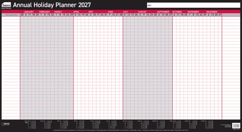 Sasco 2027 Annual Holiday Year Wall Planner, wet wipe pen & pack of 412 stickers, Black & Red, Poster Style, 750mmW x 410Hmm. Outer Carton of 10