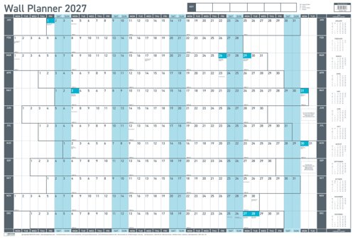 Sasco 2027 Value Year Wall Planner with wet wipe pen & sticker pack, Grey/Blue, Board Mounted, 915mmW x 610mmH. Outer Carton of 10