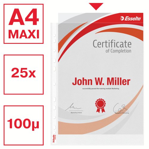 Esselte Heavy Duty Punched Pocket, A4 Maxi Format, Transparent, 100 Micron 30% pre-consumer recycled plastic PP (Pack of 25) - Outer carton of 24