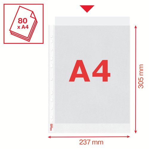 Esselte Heavy Duty Punched Pocket, A4 Maxi Format, Transparent, 100 Micron 30% pre-consumer recycled plastic PP (Pack of 25) - Outer carton of 24
