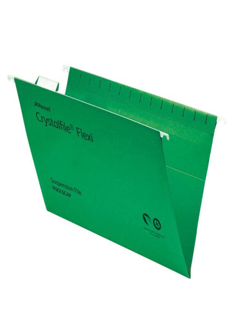 Rexel Crystalfile Flexifile Suspension File 15mm V-base 225gsm Foolscap Green Ref 3000040 [Pack 50]