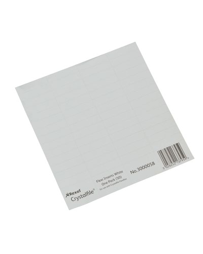 27913AC | Pack of 50 Rexel printable tab inserts, for use with Rexel Crystalfile Flexi Tabs (3000057). To relabel your Rexel Crystalfile Flexifile Suspension Files. Made of quality lightweight card to resists crumpling when inserting into tab. Write or print on the label and insert into the Rexel Flexi Tabs. The inserts can be labelled and viewed from both sides, for easy identification of contents. Pack includes 3 A4 perforated  sheets, 17 tab inserts sheet. Each individual label (WxH) 60x30mm.