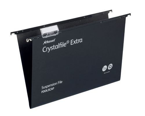 Rexel Crystalfile Extra Suspension File Polypropylene 15mm V-base Foolscap Black Ref 3000080 [Pack 25]