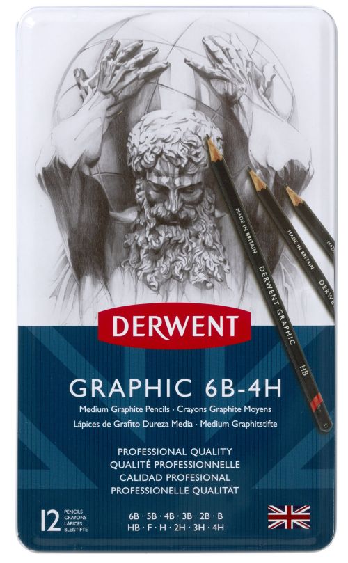 Derwent Medium Graphic Pencils Tin Graphite Drawing and Sketching Pencils 6B-4H (Set of 12) - Outer carton of 6