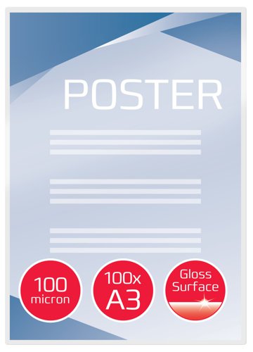24630AC | Laminating pouches are a convenient, everyday solution to protect and enhance valuable presentation pages, reference lists, product sheets, notices, photographs and certificates. 100 Micron Gloss. A3 format.  Pack size:100.