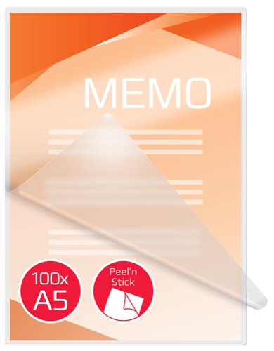 Peel n’ Stick Laminating Pouches are ideal for creating an instant, professional and eye-catching signs. The adhesive back sticks to most materials including glass, metal and board. Simply peel off the backing paper to uncover the self-adhesive layer.125-micron gloss pouches.A5 format.Pack size: 100.