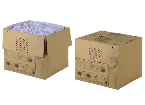 Help to protect the environment by using Recyclable Paper Waste sacks for the Auto+ 200X Auto Feed shredder. Simply place the sack into the retractable bin of the shredder; the front side has perforations so it is possible to see through the viewing window and gauge much shredded paper the sack contains. When full, the sack can be taken from the bin, closed with the self adhesive strips and replaced by a new one. The sack containing the shredded paper can then be all be recycled without you having to remove the contents.