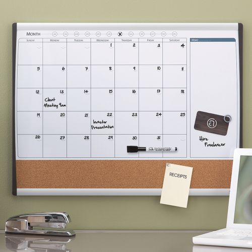 This magnetic whiteboard weekly and monthly planner and cork notice board section is the perfect solution for planning activities and pinning reminders. With a distinct silver and black arched frame this memo board fits seamlessly into any home office or home environment. Wall mountable with adhesive pads. Supplied with a whiteboard pen and whiteboard magnets. Size: 585x430mm.