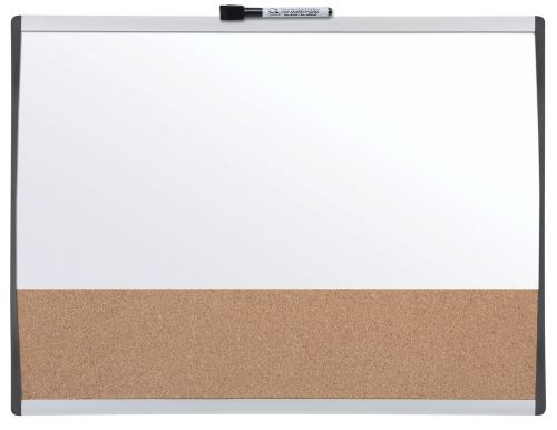 76875AC | This small whiteboard with cork notice board section is the perfect solution for noting down ideas, tasks or pinning reminders. With it's distinct silver and black arched frame this memo board fits seamlessly into any office or home environment. Wall mountable with adhesive pads and magnets for metal surfaces such as fridges, the magnetic whiteboard can be mounted in a portrait or landscape format. Supplied with a whiteboard pen with eraser, whiteboard magnets, adhesive mounting pads and magnets. Size: 585x430mm.