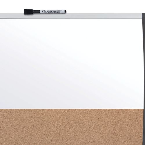 This small whiteboard with cork notice board section is the perfect solution for noting down ideas, tasks or pinning reminders. With it's distinct silver and black arched frame this memo board fits seamlessly into any office or home environment. Wall mountable with adhesive pads and magnets for metal surfaces such as fridges, the magnetic whiteboard can be mounted in a portrait or landscape format. Supplied with a whiteboard pen with eraser, whiteboard magnets, adhesive mounting pads and magnets. Size: 585x430mm.