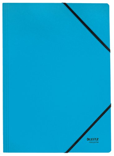 41157AC | Eye-catching, premium quality card Folder. One of the most used types of folder for document protection and transportation. With corner elastic bands to prevent documents from sliding out. Made from 100% recycled card, climate neutral, 100% recyclable and with Blue Angel environmental certification. This robust and practical elastic folder perfectly complements other products from the Leitz Recycle range and is made to last. Modern and contemporary green stationery that will look great at home and in the office. With the eco friendly Recycle range from Leitz you can both improve your office environment – and the environment of our planet.