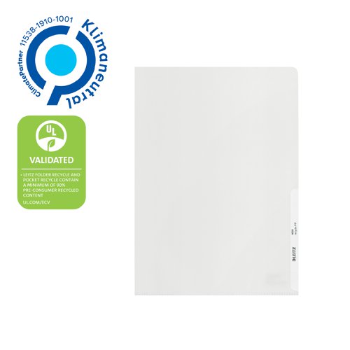 Leitz A4 premium quality document folders are made from 90% (pre-consumer) recycled plastic, are climate neutral and 100% recyclable. Ideal for carrying, protecting and presenting documents, with easy access to the contents from the top and right side opening. Durable, premium quality 140g, non-toxic polypropylene document folders, can be re-used again and again. Embossed mat surface. Copy safe film prevents text lifting from the paper to the plastic. The acid-free material prevents the paper from yellowing, ideal for archiving documents. Pack of 25.