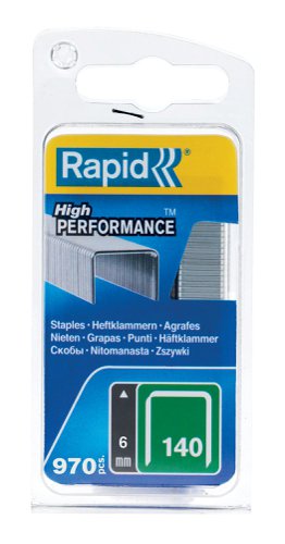 Rapid No. 140 precision cut flat wire staples are made from high-performance galvanised steel for strength and durability. Flat wire staples have a larger holding area against the material, making them ideal for thin plastic or insulation.Type: 140 (galvanised).Size: 6 mm leg length.Quantity: 970.For use with the Rapid R44, R64, R14, R34, MS840, Alu 740, R11, R211, R54, E-Tac, CSN140 and ESN114 tackers.