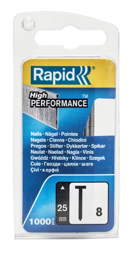 Rapid No. 8 brads are precision cut, high-performance steel brads (with head). They are ideal for carpentry, panels, baseboards and light furniture. Precision cut wire ensures the best incision.Specifications:Length: 25mm.Box: 1000.For use with the Rapid R553, R606, PSN15-30, PN15-50, 18G, 18G+ and EN50 nailer/tackers.