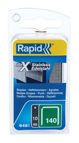 Rapid No. 140 precision cut flat wire staple are made from high-performance stainless steel for strength and durability. Flat wire staples have a larger holding area against the material, making it ideal for thin plastic or insulation. Stainless steel wire classification class 2 AISI 304 ideal for outdoor use or use in humid areas.Type: 140 (stainless steel).Size: 10mm leg lengthQuantity: 650.For use with: Rapid R34, R44, R64, ALU740, ALU840, ALU940, R11, R311, R54, E-tac, ESN114, R214, PS111 tackers.