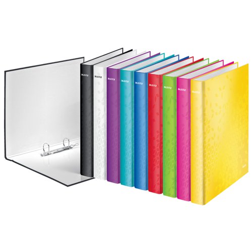 From the vibrant Leitz WOW range, this eye-catching ring binder in vibrant WOW colours with dual colour effect. Glossy, high quality laminated look. The binder features a standard 2 D-ring mechanism with a 25mm capacity for filing up to 230 sheets of A4 80gsm paper. The A4 plus size helps to keep contents protected, with each binder measuring W40 x D275 x H318mm. Ideal for colour coordinated filing. Pack contains 10 red ring binders.