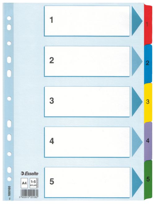 Esselte Mylar 1-5 Part Dividers A4 - Multi-Coloured - Outer carton of 20