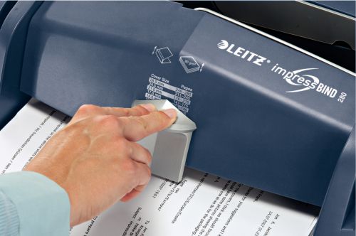 With impressBIND, Leitz has found a solution that makes professional binding easier and more attractive than it?s ever been. Impressive and professional results in seconds. In just a few steps, you can hold a perfectly bound document of up to 140 or 280 sheets in your hands. Just insert the paper, press it together and it?s ready. The bound paper holds together securely ? without perforating or gluing.* A4 80gsm paper