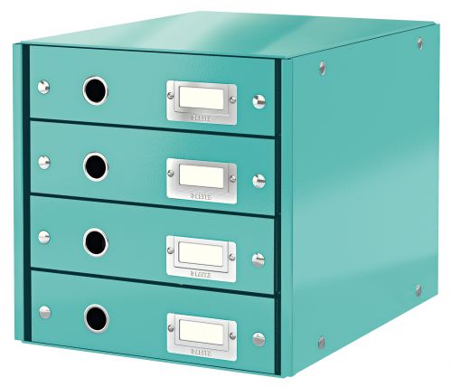 Leitz WOW Click & Store Drawer Cabinet (4 drawers). With thumbholes and label holders. For A4 formats. Ice Blue.