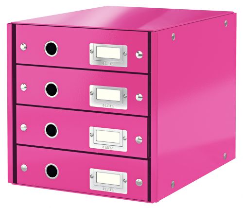 Leitz WOW Click & Store Drawer Cabinet (4 drawers). With thumbholes and label holders. For A4 formats. Pink.