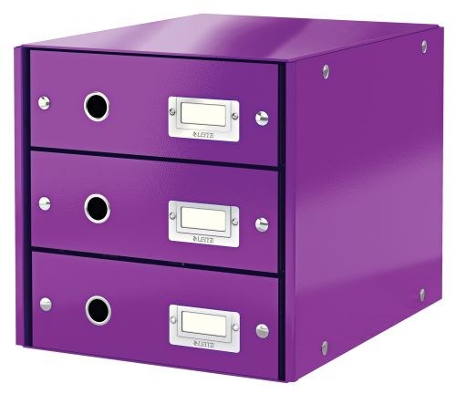 Leitz WOW Click & Store Drawer Cabinet (3 drawers).  With thumbholes and label holders. For A4 formats. Purple.