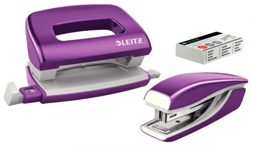 Leitz NeXXt WOW Mini Stapler and Hole Punch Set. 10 sheets. Handy mini version. Includes staples, in blister pack. Purple