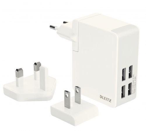 Leitz Complete Traveller USB Wall Charger with 4 USB ports 24 Watt. EU, UK and US plug. For tablets and smartphones. White