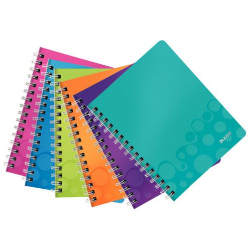 Leitz WOW Notebook A5 ruled, wirebound with Polypropylene cover 80 sheets. 2-hole punched. Assorted. - Outer carton of 6
