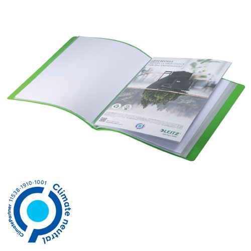 41220AC | Eye-catching, premium quality PP Display Book for every day use in school, office and home. 20 clear plastic pockets fixed inside the spine, ideal for presenting and carrying printed A4 drawings, photos and papers. Made with 90% (mix of pre- and post consumer) recycled PP, 100% recyclable and climate neutral. This robust and practical presentation book perfectly complements other products from the Leitz Recycle range and is made to last. Modern and contemporary green stationery that will look great at home and in the office. With the eco friendly Recycle range from Leitz you can both improve your office environment – and the environment of our planet.