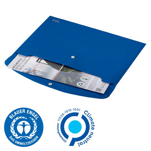 From the Leitz Recycle range, an eye-catching, premium quality plastic document wallet for every day use in school, office and home with push button closure to prevent documents from sliding out. Made from 80% recycled plastic, climate neutral, 100% recyclable and with Blue Angel environmental certification. This robust and practical document wallet perfectly complements other products from the Leitz Recycle range and is made to last. Modern and contemporary green stationery that will look great at home and the office. With the eco friendly Recycle range from Leitz you can both improve your office environment and the environment of our planet. Label only - no packaging waste. Pack contains 10 blue document wallets.