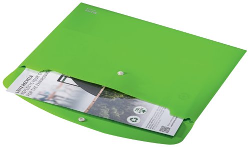From the Leitz Recycle range, an eye-catching, premium quality plastic document wallet for every day use in school, office and home with push button closure to prevent documents from sliding out. Made from 80% recycled plastic, climate neutral, 100% recyclable and with Blue Angel environmental certification. This robust and practical document wallet perfectly complements other products from the Leitz Recycle range and is made to last. Modern and contemporary green stationery that will look great at home and the office. With the eco friendly Recycle range from Leitz you can both improve your office environment and the environment of our planet. Label only - no packaging waste. Pack contains 10 green document wallets.