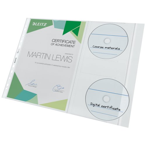 Leitz Pocket with CD sleeve A4 Clear, extra strong 0.13mm 30% pre-consumer recycled plastic PP sleeve, for 2 CDs (1 bag of 5) - Outer carton of 20
