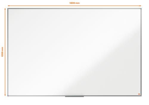 29677AC | Steel magnetic whiteboard with an anodised aluminum trim. Fixed by a through corner wall mounting and supplied with a whiteboard pen tray. The painted steel magnetic whiteboard surface delivers an increase level of erasability for frequent use. Size: 1800x1200mm.