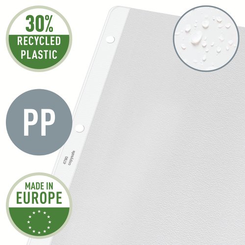 Leitz Pocket. Embossed, extra strong 0.13 mm, 30% pre-consumer recycled plastic PP. With paper insert. 2 sides open. A4. (1 Pack of 100) Clear