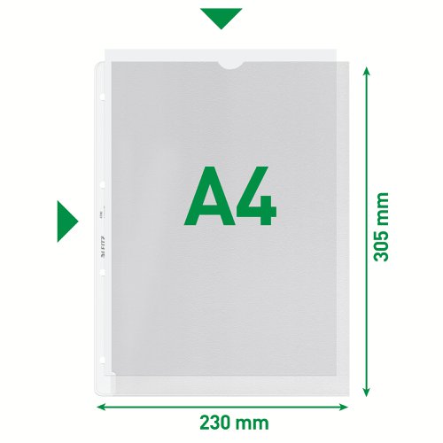 Leitz Pocket. Embossed, extra strong 0.13 mm, 30% pre-consumer recycled plastic PP. With paper insert. 2 sides open. A4. (1 Pack of 100) Clear