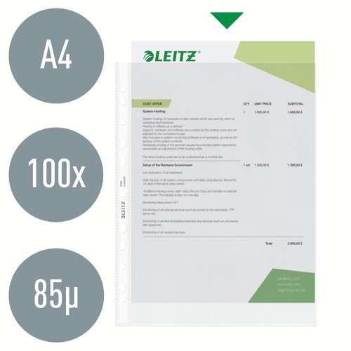 Leitz High Quality Pocket Embossed, clear, 0.09 mm 30% pre-consumer recycled PP. A4. Clear (Pack 100) - Outer carton of 5