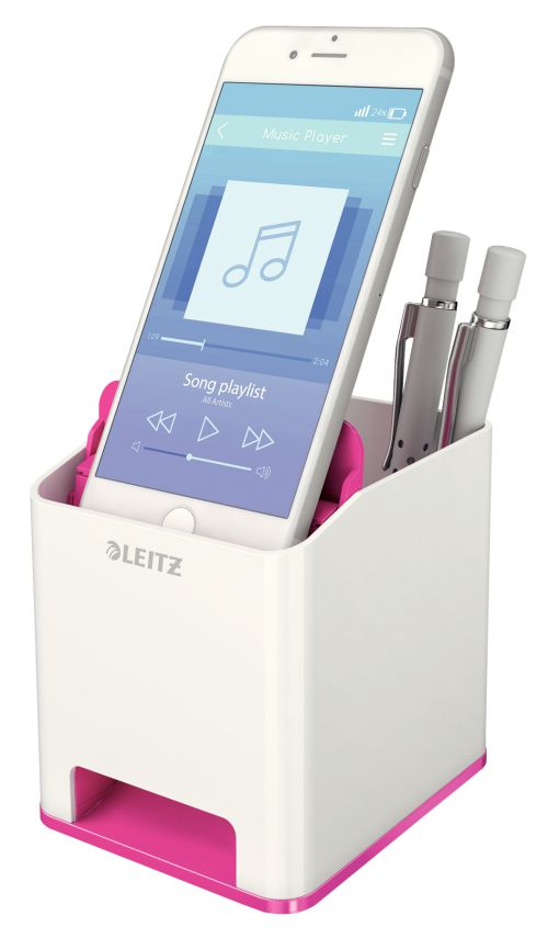 Keep pens, pencils, and other stationery tidy with this innovative pen holder that features an extra compartment for smartphones up to iPhone 6 Plus in size. This compartment has a sound booster function which increases the volume of your phone whilst keeping your smartphone screen completely visible when placed inside. With dimensions of W90 x D101 x H100mm, this pack contains 1 white/pink pen holder.
