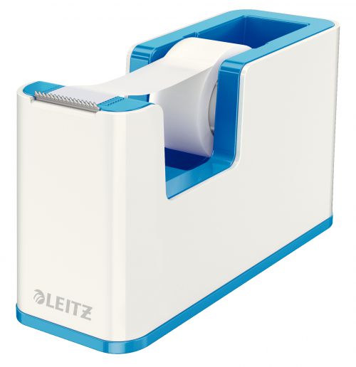 Leitz WOW Tape Dispenser, Heavy Base, Tape Included, White/Metallic Blue