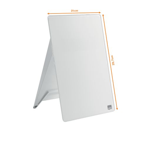 This distinct and stylish glass desktop easel or clipboard developed by Nobo is a contemporary and re-useable alternative to paper-based note taking. The brilliant white dry wipe surface makes it an excellent memo board and note taking tool, simply write, wipe clean away and start afresh, ideal for use in the office or at home.Place the desktop glass whiteboard easel upright to write and attach notes, or collapse for a comfortable angled writing surface, suitable for use at your desk or on the move. The removable clip securely holds papers and documents in place for quick referencing, the clip also provides convenient storage for the included Nobo mini dry erase marker with a handy eraser on the cap.The brilliant white tempered safety glass surface is suitable for frequent use due to its ultra-erasability and the high resistance to ink stains, pen marks, scratches and dents, with a 25-year surface guarantee.Nobo desktop glass pad and desktop whiteboard divider also available from this range.