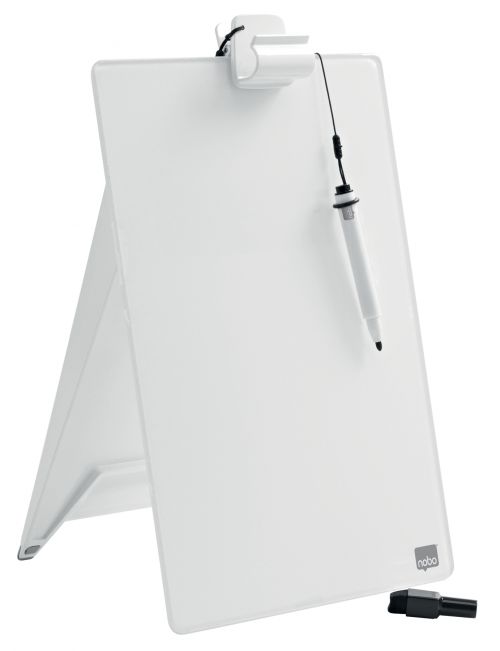 This distinct and stylish glass desktop easel or clipboard developed by Nobo is a contemporary and re-useable alternative to paper-based note taking. The brilliant white dry wipe surface makes it an excellent memo board and note taking tool, simply write, wipe clean away and start afresh, ideal for use in the office or at home.Place the desktop glass whiteboard easel upright to write and attach notes, or collapse for a comfortable angled writing surface, suitable for use at your desk or on the move. The removable clip securely holds papers and documents in place for quick referencing, the clip also provides convenient storage for the included Nobo mini dry erase marker with a handy eraser on the cap.The brilliant white tempered safety glass surface is suitable for frequent use due to its ultra-erasability and the high resistance to ink stains, pen marks, scratches and dents, with a 25-year surface guarantee.Nobo desktop glass pad and desktop whiteboard divider also available from this range.