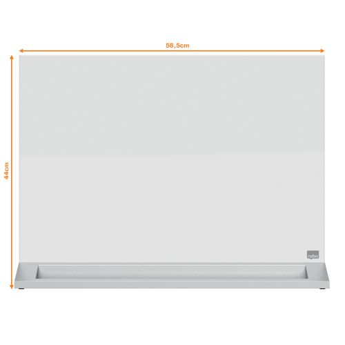 The unique Nobo Diamond Glass Desktop Board blends stylish minimalist form with maximum function. The frameless dry-erase glass surface offers the highest resistance to stains and scratches.Simply write, wipe clean away and start afresh. Alternatively, post notes onto the magnetic tempered glass surface. Versatile and free-standing, the double-sided desktop whiteboard can also be used as a divider. Supplied with Nobo marker and Nobo extra strong glass board magnets. Lifetime guarantee