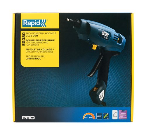 Professional, industrial performance glue gun with an exceptionally high glue output of 2200 g / hour.The EG380 is designed for high frequency, demanding usage and precision application. Smart features include a handy, adjustable temperature control (120°-230 °C) for versatile application with different materials and an ergonomic 4-finger handle to reduce effort required.Works with both EVA and polyamide glue, has a 3.5 m rubber cable for optimal access and is supplied with a fixed and a mobile stand.