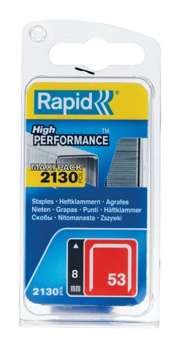 Rapid No. 53 precision cut fine wire staples are made from high-performance galvanised steel for strength and durability. The fine wire makes the fixed staple almost invisible, ideal for fabrics, decoration, small construction and light repair.Pack of 2000 Rapid 53/8B 8mm Galvanised Staples.For use with: Rapid R53, R153, R253, R353, R453, MS2.1, MS4.1, ALU610, ALU753, ALU853, ALU953, E100, ESN530, BTX530, R553, PS101, PS6-16, M10R, M20, M30, M40, Eco Tacker, Hobby Tacker, Hobby Tacker Dual, Multitacker, Compacta, Hobby Electric.