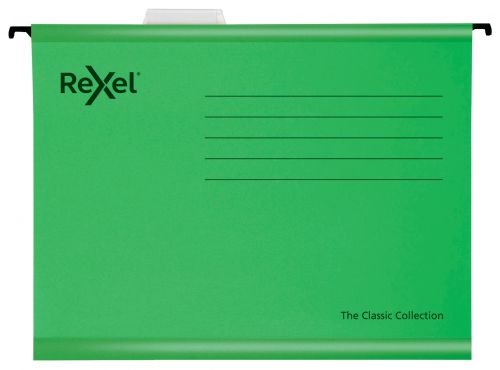 Rexel Classic A4 Reinforced Suspension Files for Filing Cabinets, 15mm V base, 100% Recycled Card, Green, Pack of 25
