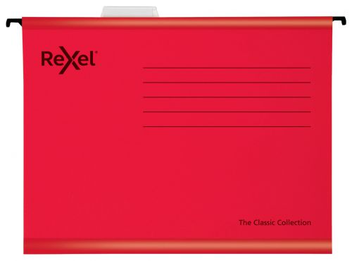 Rexel Classic A4 Reinforced Suspension Files for Filing Cabinets, 15mm V base, 100% Recycled Card, Red, Pack of 25