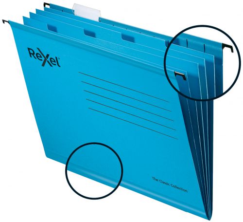 Rexel Classic Foolscap Reinforced Filing Cabinet Suspension Files with Dividers, 15mm V base, 100% Recycled Card, Blue, Pack of 10