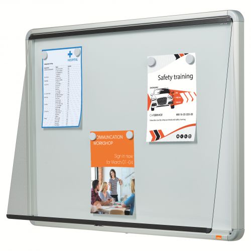 The Nobo lockable, wall-mounted, magnetic drywipe case is the practical solution for creating eye-catching displays and messages for customers and the public, whilst keeping your information in pristine condition and free from tampering.These ideal boards are designed for indoor use and the strong aluminium frame is powder coated for extra durability and corrosion resistance.