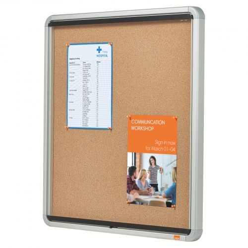The Nobo lockable, wall-mounted, glazed memo case is the practical yet stylish solution for creating eye-catching displays whilst keeping your notices in pristine condition and free from tampering.Designed for indoor use, it features a contemporary aluminium frame, top quality cork lining and hinged glazed door. The Nobo display case comes assembled and ready to install, complete with instructions, invisible wall bracket and fixings. Secure your important information will remain safe and intact thanks to the lockable door incorporating a top quality barrel lock. 2 identical keys are provided so you won’t be caught out if one goes missing. The strong, aluminium frame is powder coated for extra durability and corrosion resistance, whilst moulded nylon corners mean you won’t cut your fingers on any sharp edges. The 4mm toughened safety glass in the hinged door ensures optimum safety and security.The stylish, aluminium frame adds a modern look to the traditional cork lining making this notice board ideal for most environments from offices to public buildings or schools. The top-quality cork is resilient and self-healing so maintains a smart appearance even with heavy use.Once installed, it takes just seconds to pin up your notices and memos to create a tidy, eye-catching display.