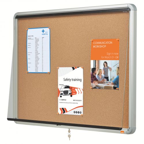 The Nobo lockable, wall-mounted, glazed memo case is the practical yet stylish solution for creating eye-catching displays whilst keeping your notices in pristine condition and free from tampering.Designed for indoor use, it features a contemporary aluminium frame, top quality cork lining and hinged glazed door. The Nobo display case comes assembled and ready to install, complete with instructions, invisible wall bracket and fixings. Secure your important information will remain safe and intact thanks to the lockable door incorporating a top quality barrel lock. 2 identical keys are provided so you won’t be caught out if one goes missing. The strong, aluminium frame is powder coated for extra durability and corrosion resistance, whilst moulded nylon corners mean you won’t cut your fingers on any sharp edges. The 4mm toughened safety glass in the hinged door ensures optimum safety and security.The stylish, aluminium frame adds a modern look to the traditional cork lining making this notice board ideal for most environments from offices to public buildings or schools. The top-quality cork is resilient and self-healing so maintains a smart appearance even with heavy use.Once installed, it takes just seconds to pin up your notices and memos to create a tidy, eye-catching display.